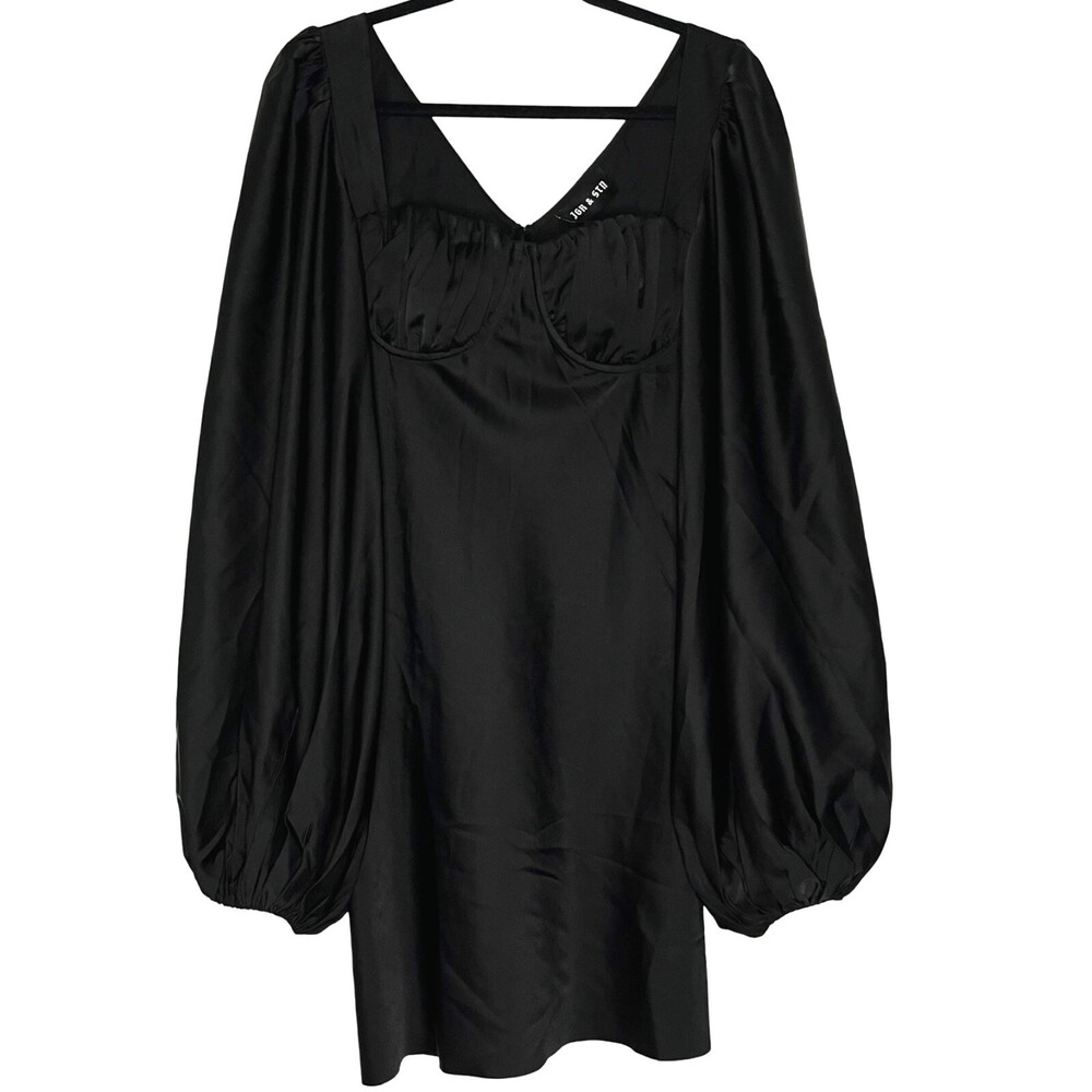 Jagger & Stone The Liv Mini Dress Womens 8 Black Satin Balloon Long Sleeve NWT